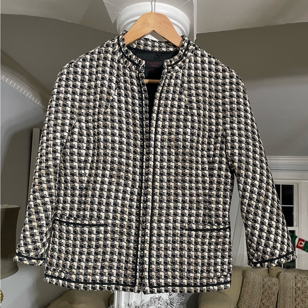 Talbots Collection women’s Black and White and gold/ tweed, Checkered Jacket-10